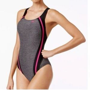Speedo One-Piece Swimsuit Women's M Gray Pink Athletic HydroBra